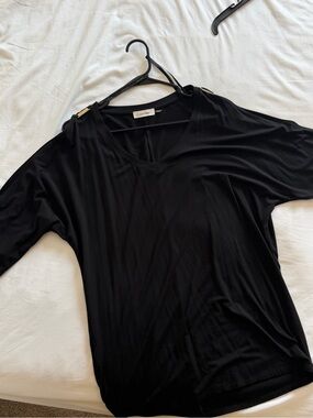 Calvin Klein Black V-Neck Long Sleeve Top with Shoulder Accents